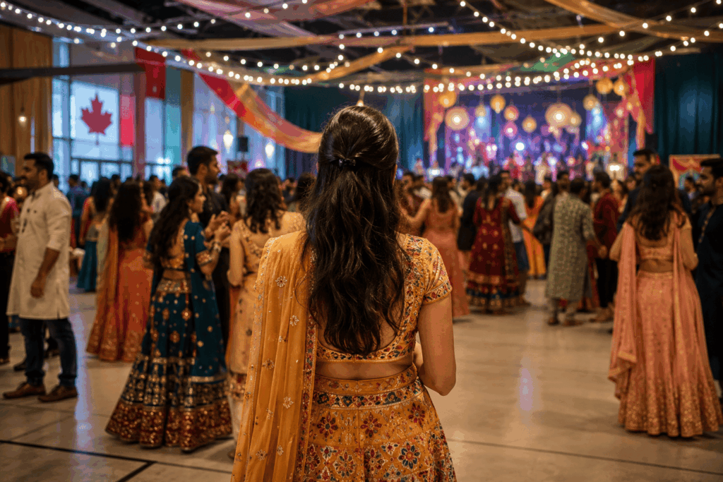 Attending a South Asian event in Canada at a vibrant Indian cultural celebration with families, friends, and community members