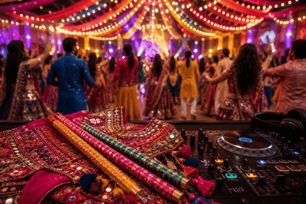 Best Bollywood playlist at a vibrant South Asian event in Canada featuring Garba dancers, colourful dandiya sticks, and a DJ setup.