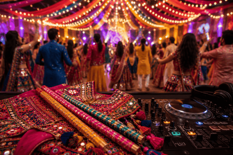 Best Bollywood playlist at a vibrant South Asian event in Canada featuring Garba dancers, colourful dandiya sticks, and a DJ setup.