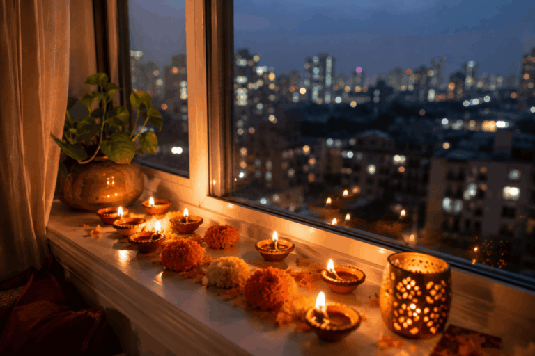 First Diwali away from home in Canada with diyas in an apartment window
