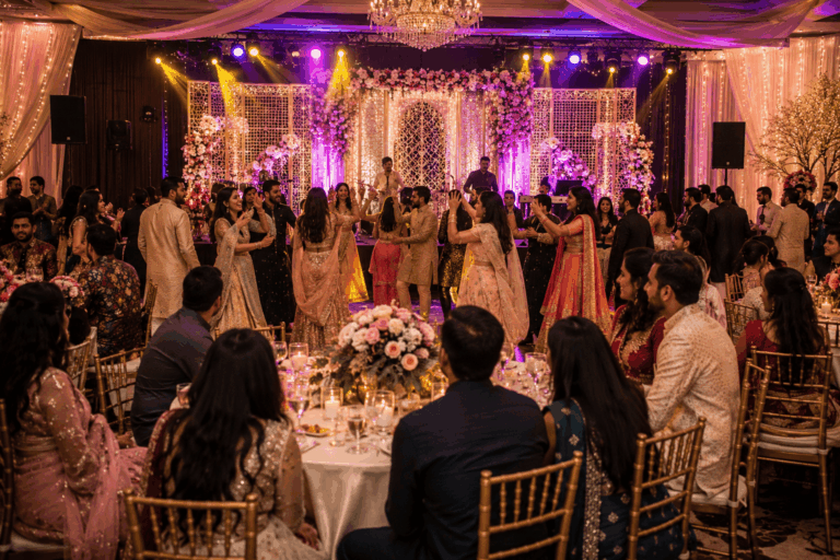 Sangeet Planning in Canada with a beautifully decorated South Asian celebration in a Canadian banquet hall