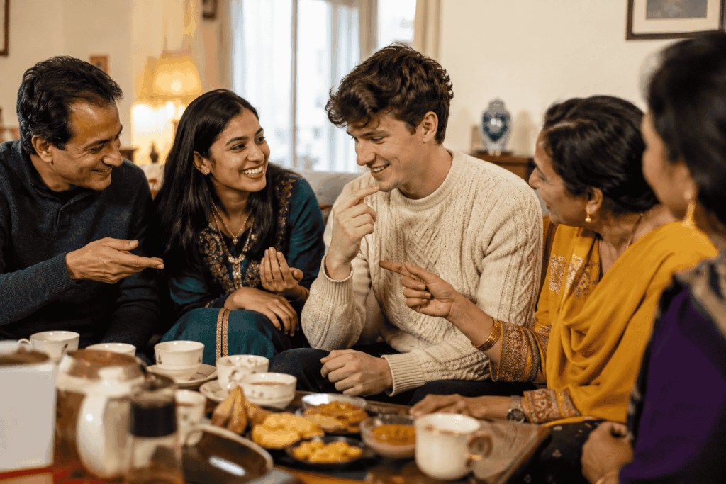 Canadian man meeting his South Asian girlfriend's family at a traditional dinner in Canada