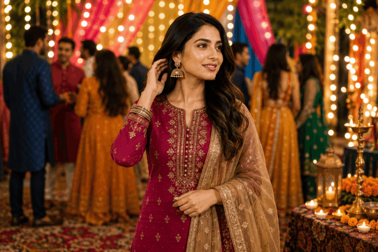 What to wear to an Indian event in Canada – stylish South Asian event fashion featuring a modern woman in a festive salwar suit